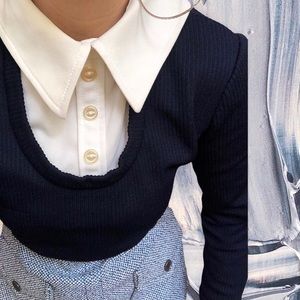Vintage academia preppy aesthetic collar dark blue ribbed long sleeve dress s m